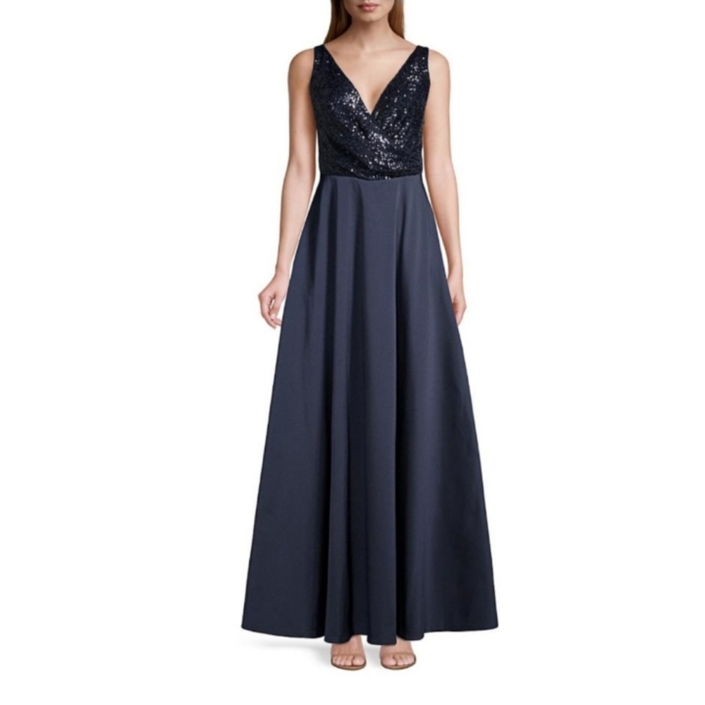 Sachin & Babi Midnight Bella Sequin V Neck Sleeveless Formal Evening Gown Sz: 4